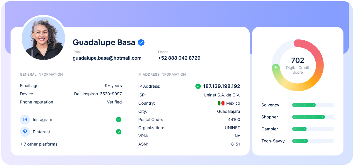 This RiskSeal’s profile summary shows Guadalupe Basa’s digital credit score of 702, based on various factors such as her verified phone, 9+ year-old email address, and activity on platforms like Instagram and Pinterest.