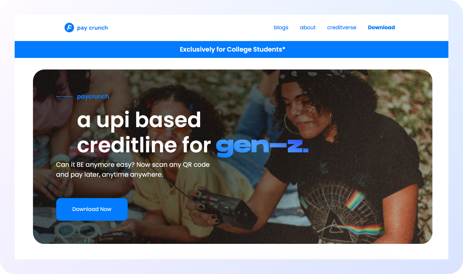 The image shows the homepage of a website called "Pay Crunch," designed with a youthful and modern aesthetic.