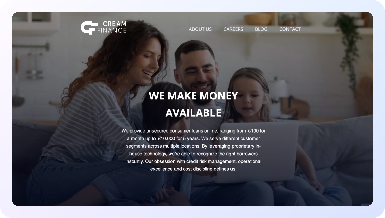 The image is a landing page from CreamFinance, a fintech company. The key message in large bold white text is: "WE MAKE MONEY AVAILABLE."