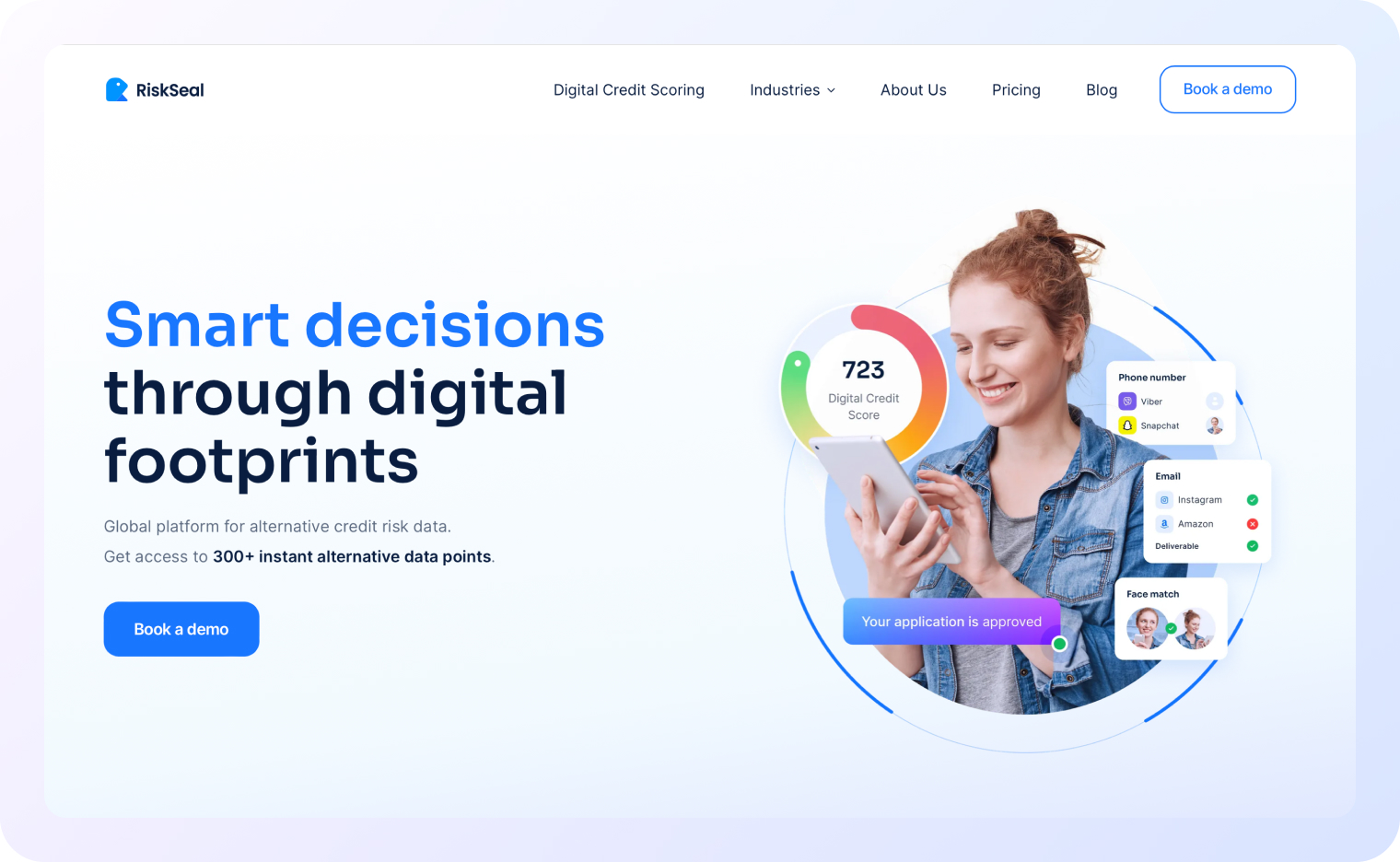 A screenshot of the RiskSeal home page showing a smiling woman holding a tablet beside a circular digital credit score gauge reading 723.