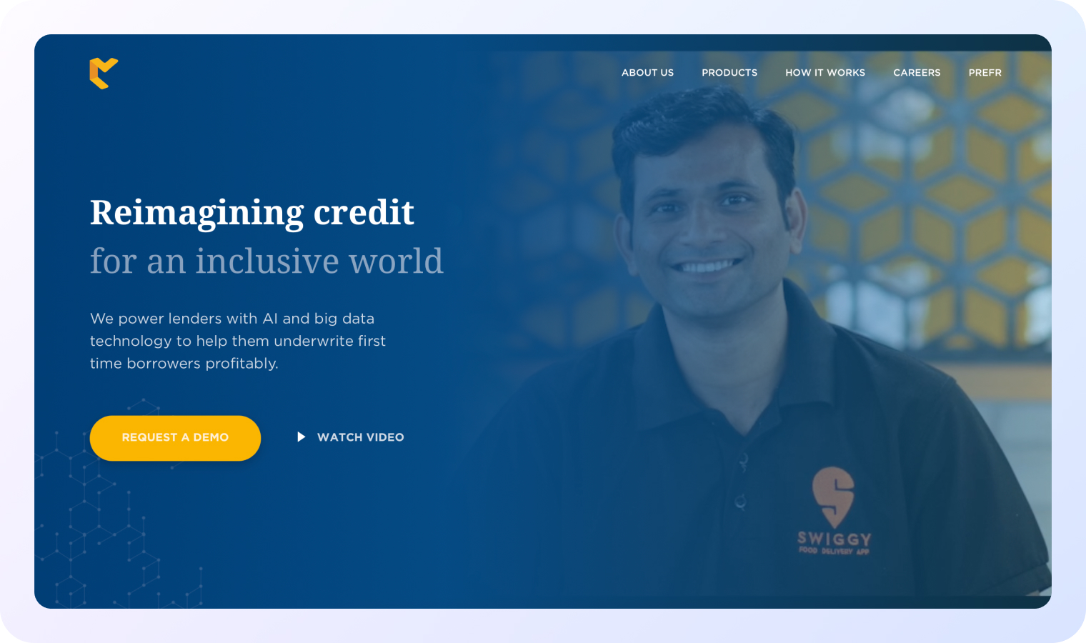 The image features a dark blue-themed CreditVidya website banner. On the left side, the text reads: "Reimagining credit for an inclusive world."