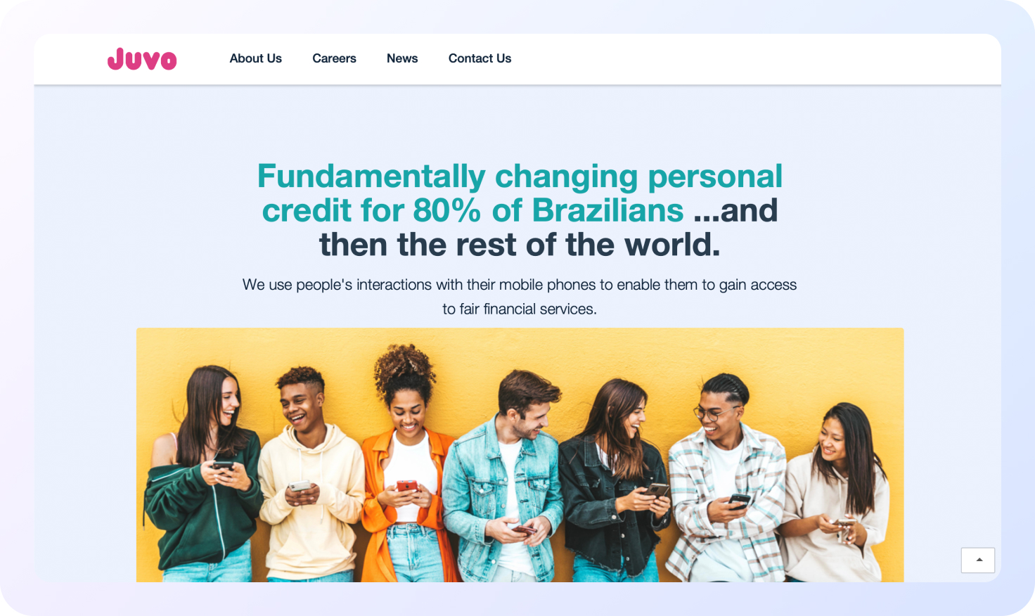 The image is a website landing page for Juvo, a company focused on expanding access to credit through mobile phone interactions.