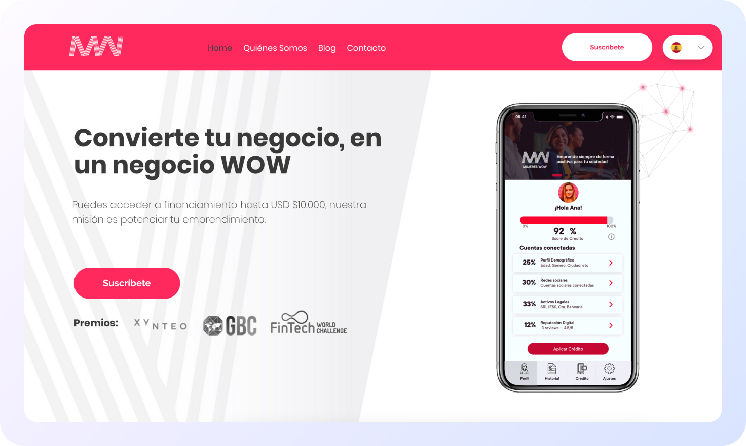 The image is a promotional landing page for Mujeres WOW, a financial platform targeting small business owners, specifically in Spanish-speaking markets.