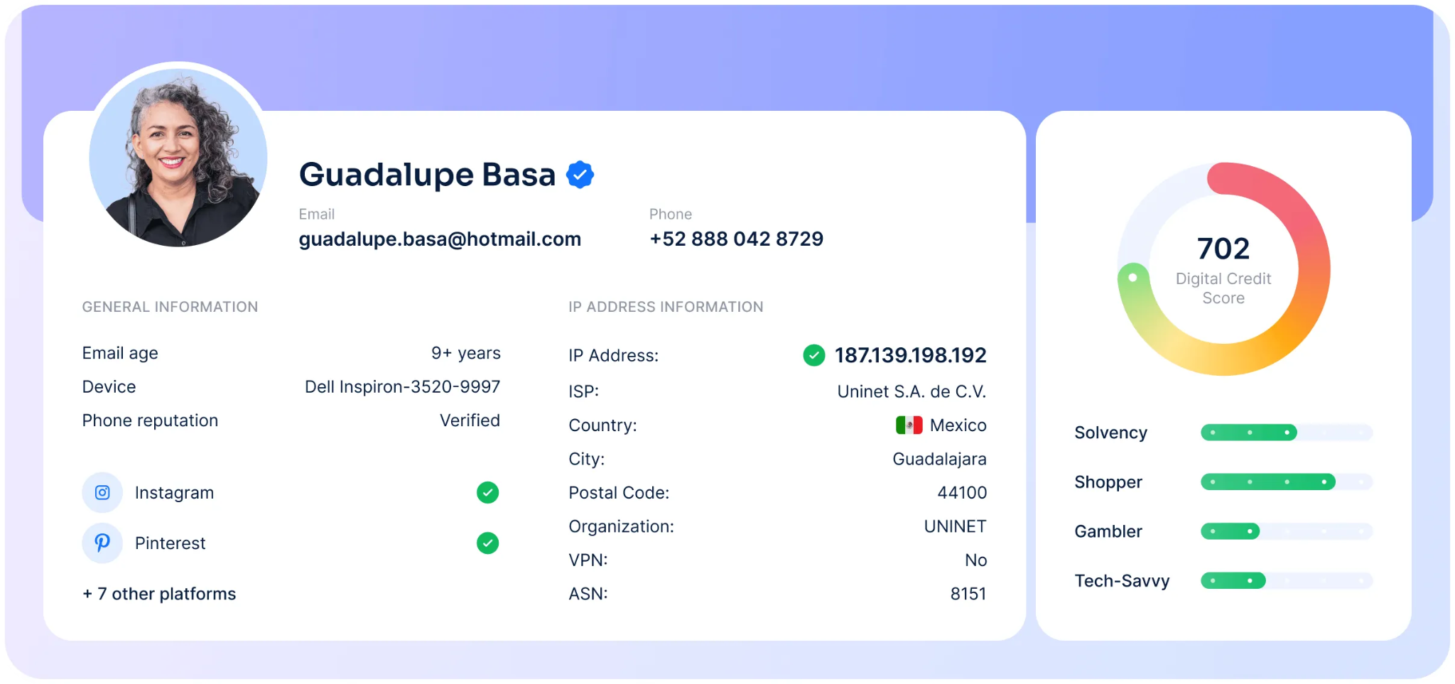 This RiskSeal’s profile summary shows Guadalupe Basa’s digital credit score of 702, based on various factors such as her verified phone, 9+ year-old email address, and activity on platforms like Instagram and Pinterest.