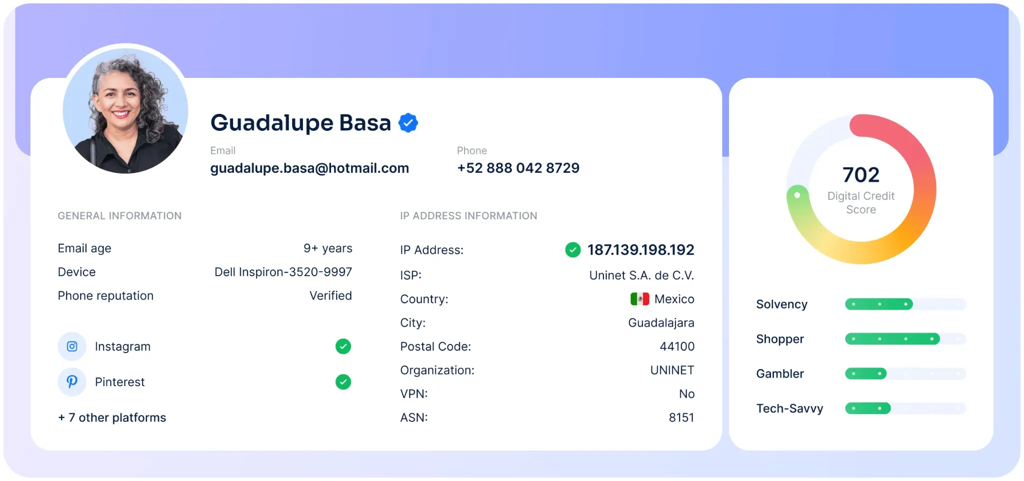 This RiskSeal’s profile summary shows Guadalupe Basa’s digital credit score of 702, based on various factors such as her verified phone, 9+ year-old email address, and activity on platforms like Instagram and Pinterest.