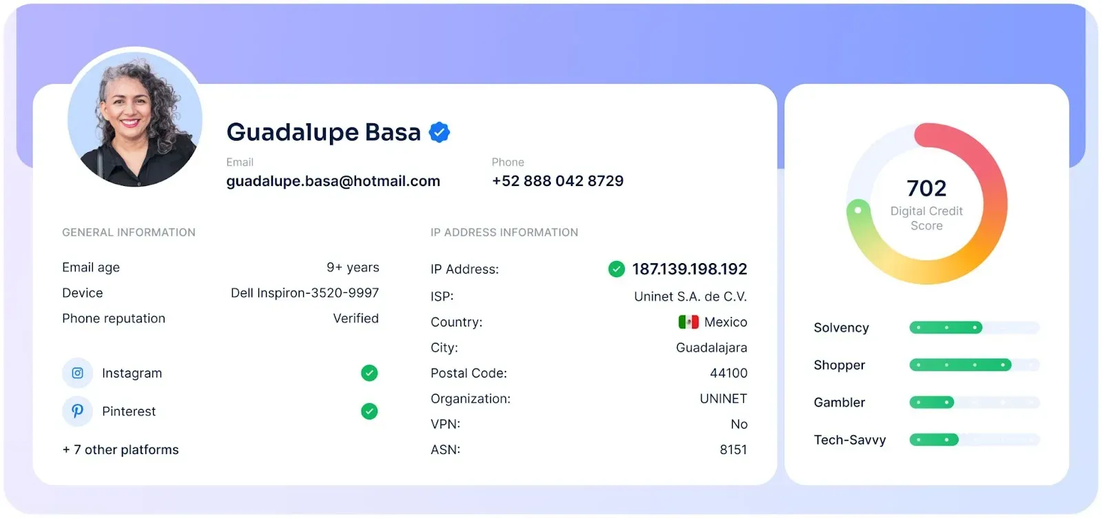 RiskSeal profile dashboard for Guadalupe Basa showing verified contact and digital footprint details, IP address information from Mexico, and a digital credit score of 702.