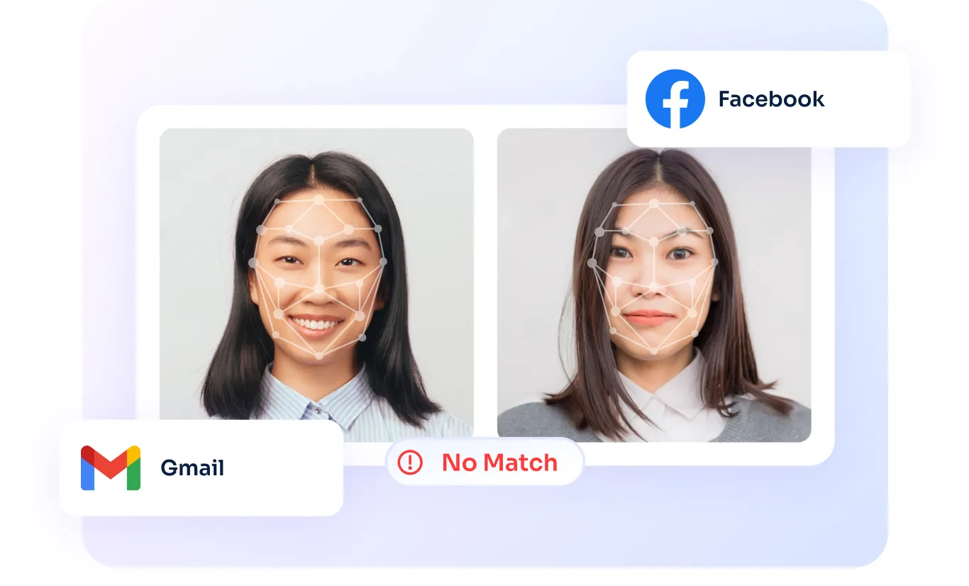 Two profile images are compared with facial landmark overlays, showing a “No Match” result between Gmail and Facebook account visuals.
