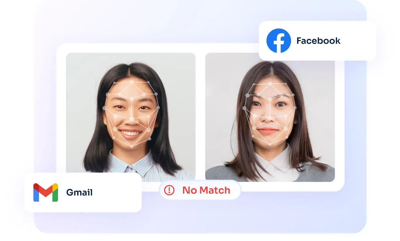 Two profile images are compared with facial landmark overlays, showing a “No Match” result between Gmail and Facebook account visuals.