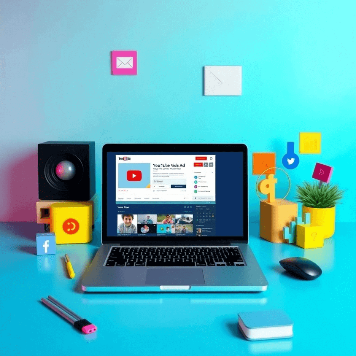 A digital workspace with a laptop showing a YouTube ad interface, surrounded by colorful icons for video ads, social media, and analytics.