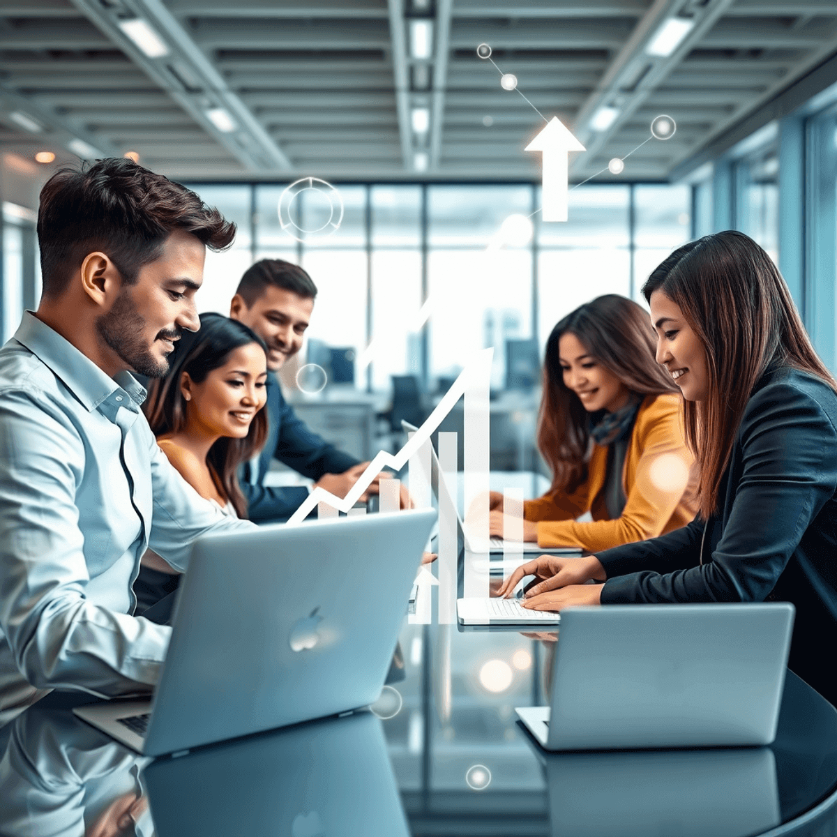 A modern office with professionals collaborating over laptops and digital charts, surrounded by growth icons like upward arrows and connected nodes.