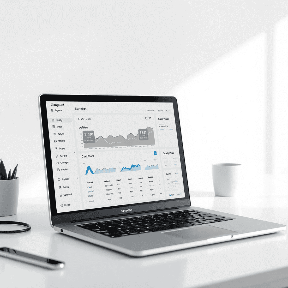 Modern digital marketing workspace with laptop showing Google Ads CPC metrics, charts, and graphs on a bright background with dollar signs and click icons.