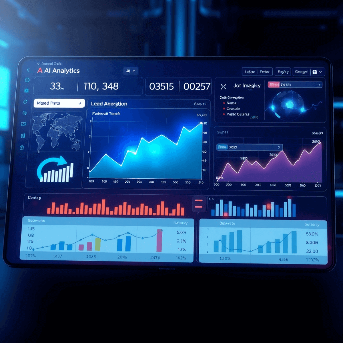 A sleek digital dashboard with glowing graphs and futuristic icons showing AI analytics and marketing data.