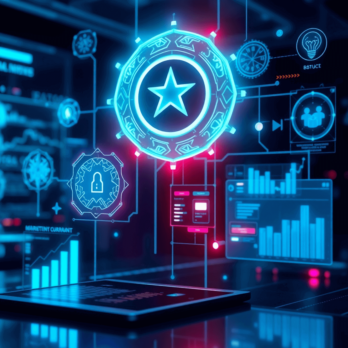 Futuristic digital marketing scene with glowing AI icons, data graphs, and holographic interfaces showcasing lead generation and customer engagement.