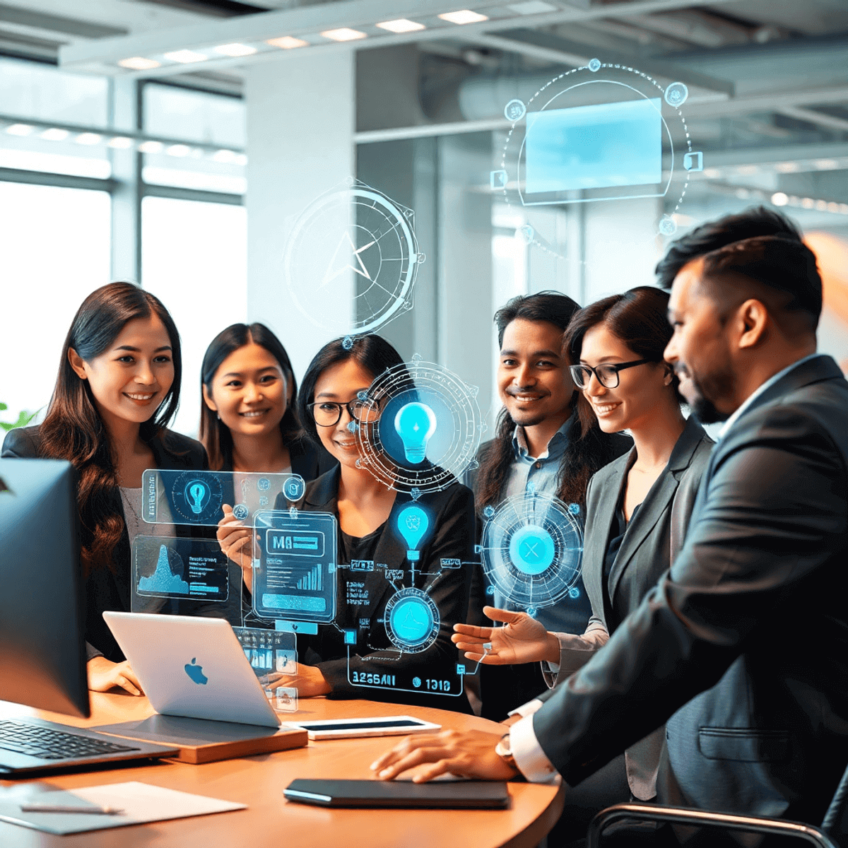 Marketing professionals collaborating with AI holograms and digital data displays in a modern office setting.