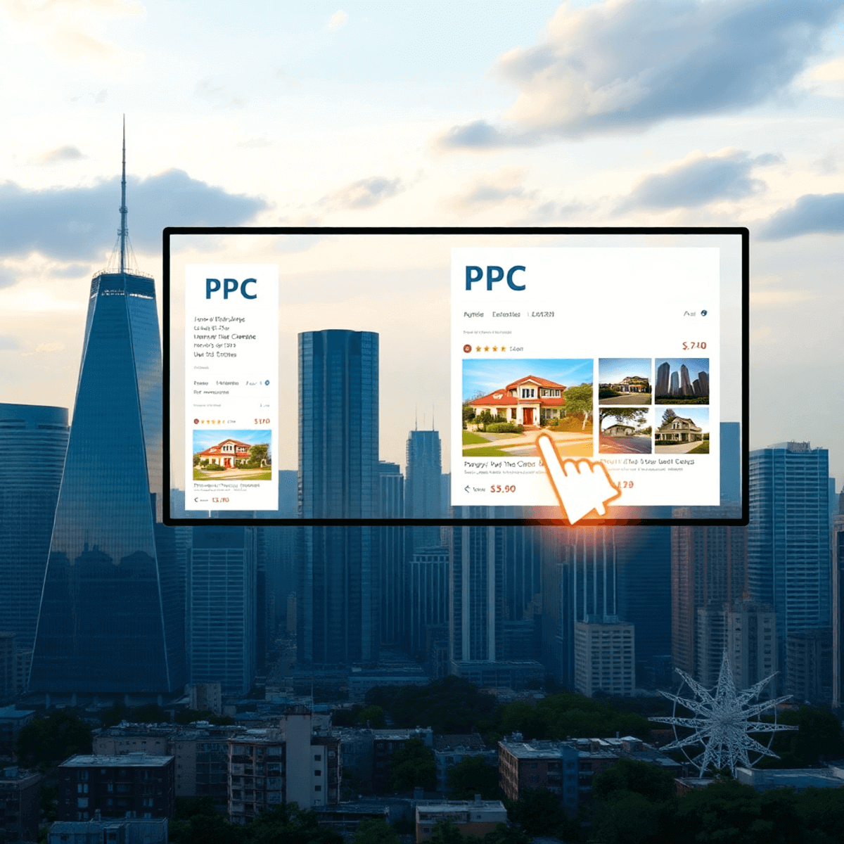 City skyline with real estate buildings, a large digital screen showing PPC ads, and a glowing cursor clicking a property listing icon.