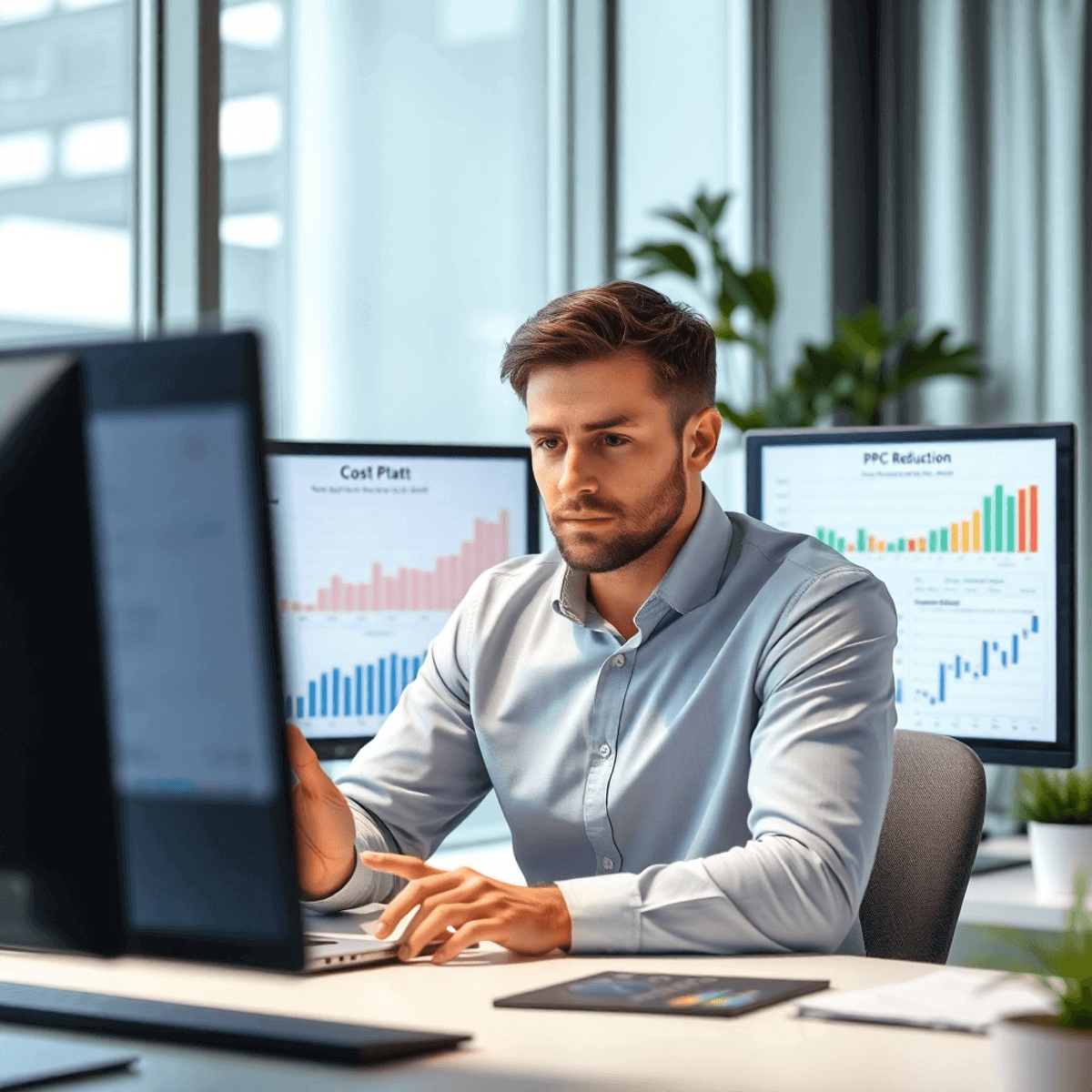 Professional analyzing digital marketing charts and PPC data on computer screens in a modern real estate office.