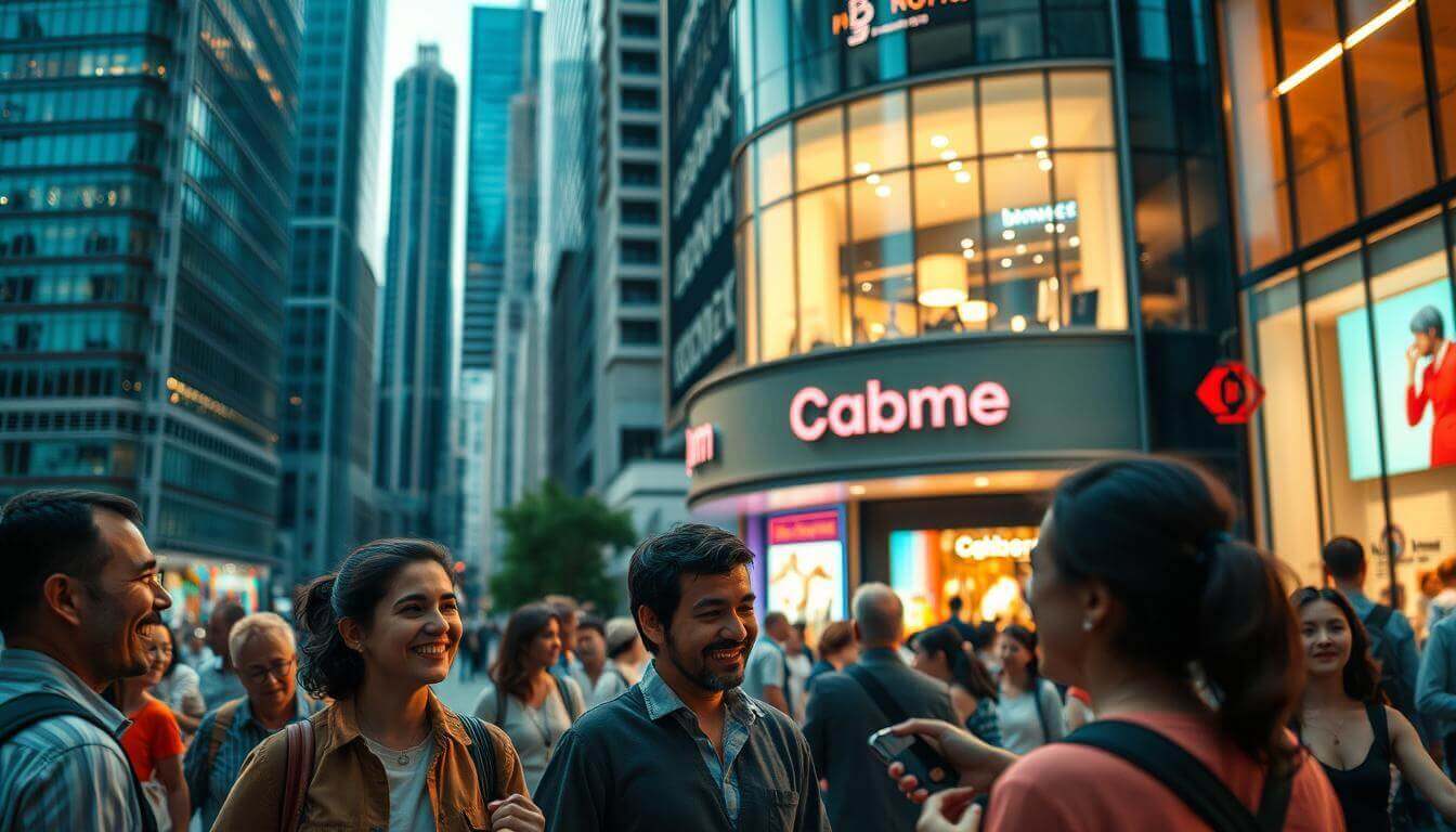 A busy city street with modern high-rise buildings, bustling with pedestrians. In the foreground, a group of individuals engaged in animated discussions, their expressions conveying a sense of connection and enthusiasm. In the middle ground, a vibrant storefront showcasing a well-known brand's products, with customers eagerly entering and exiting. The background is illuminated by warm, natural lighting, creating a inviting atmosphere that reinforces the idea of a thriving, dynamic marketplace. The overall scene conveys a sense of customer engagement, brand loyalty, and the importance of effective digital marketing communication in today's business landscape.