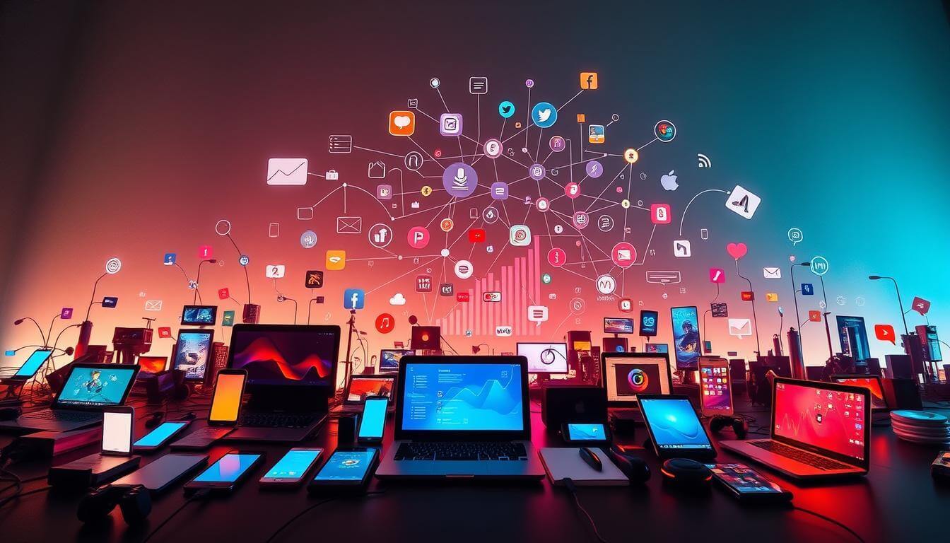 A dynamic and interconnected digital landscape, where various communication channels converge to form an omnichannel strategy. In the foreground, a vibrant array of devices and platforms - smartphones, laptops, and social media icons - seamlessly interacting. In the middle ground, a web of data and analytics, representing the insights that drive targeted, personalized messaging. The background painted with a subtle gradient, evoking a sense of technological progress and innovation. Dramatic lighting casts dynamic shadows, emphasizing the depth and complexity of this comprehensive communication approach. Captured through a wide-angle lens, the scene conveys the holistic nature of effective omnichannel strategies for digital marketing success.