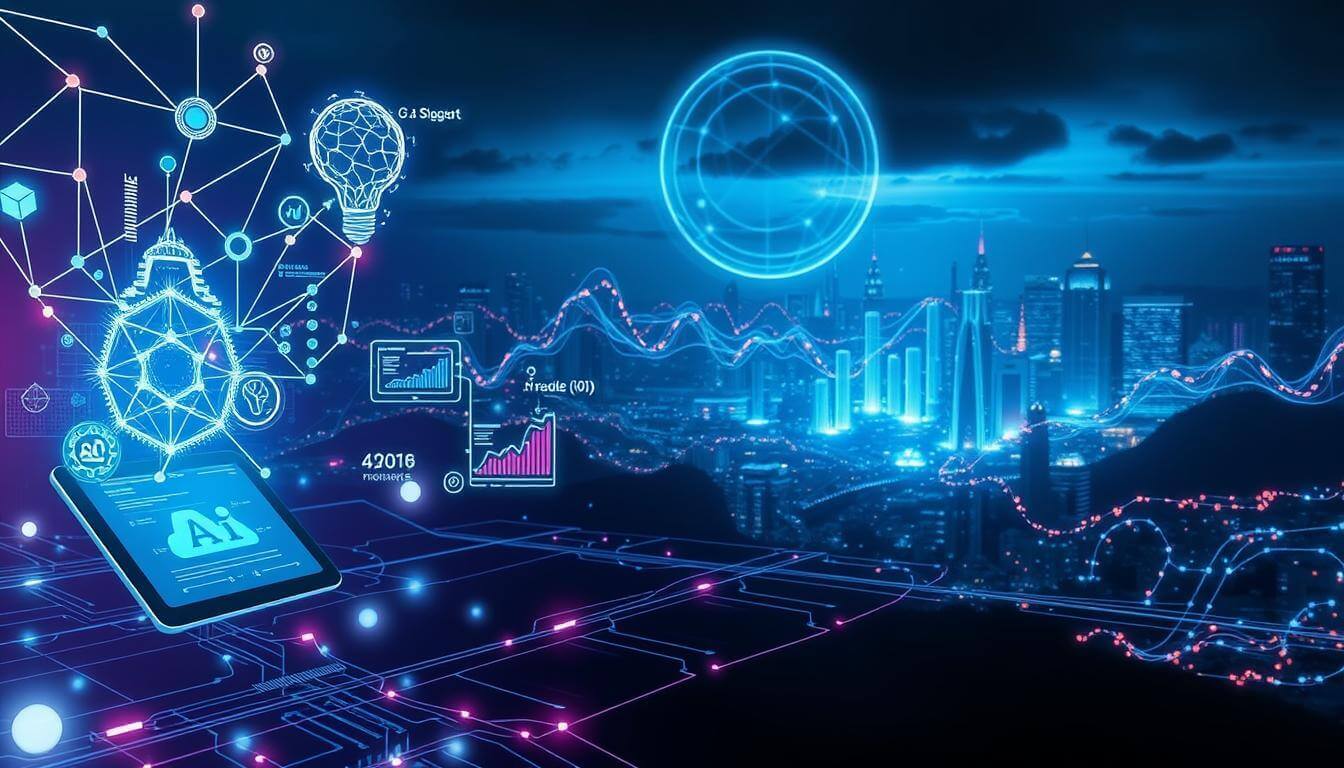 A futuristic, digital landscape where ideas flow like electric currents. In the foreground, sleek devices and interfaces represent the power of AI-driven communication strategies. Holographic projections and interconnected networks create a seamless ecosystem, symbolizing the integration of technology and marketing. The middle ground features stylized data visualizations, algorithms, and lines of code, illustrating the analytical foundations of effective digital communication. The background is a moody, neon-lit cityscape, hinting at the dynamic, ever-evolving nature of the digital marketing landscape. The overall scene conveys a sense of innovation, connectivity, and the transformative potential of AI-powered communication strategies.