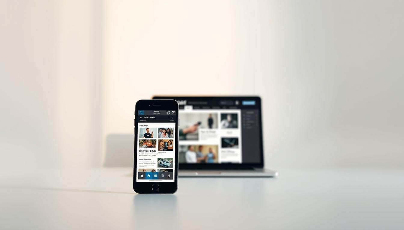 A mobile-responsive web design set against a clean, minimalist background. In the foreground, a smartphone displaying a visually-appealing, mobile-optimized user interface with intuitive navigation and interactive elements. The middle ground features a laptop or tablet seamlessly syncing content and functionality across devices, showcasing cross-platform consistency. Soft, natural lighting illuminates the scene, creating a sense of simplicity and usability. The overall mood evokes a modern, efficient, and user-friendly digital experience.