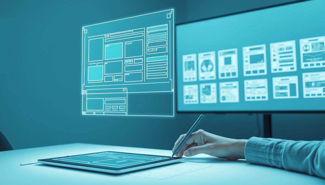 A minimalist wireframe design process depicted in a sleek and futuristic style. In the foreground, a holographic blueprint of a user interface hovers above a designer's workstation, showcasing clean lines, geometric shapes, and a neutral color palette. The middle ground features a hands-on sketching session, with the designer's hands meticulously mapping out the user journey on a digital tablet. In the background, a large display shows a series of wireframe iterations, each progressively refined and optimized. The scene is bathed in a soft, cool lighting, creating a sense of focus and precision. The overall atmosphere conveys a methodical and innovative approach to UX/UI design.