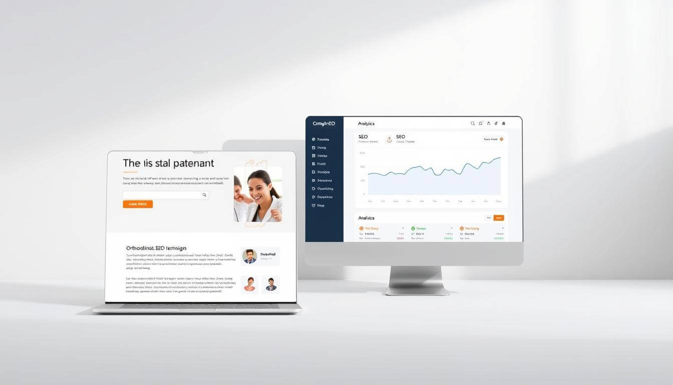 A modern, minimalist website layout showcasing essential on-page SEO techniques for an orthodontist practice. In the foreground, a clean, responsive web design with a prominent hero section, call-to-action buttons, and informative content blocks. In the middle ground, an analytics dashboard displaying key SEO metrics like organic traffic, keyword rankings, and page speed. In the background, a subtle pattern or texture evoking a professional, trustworthy atmosphere. Soft, neutral lighting illuminates the scene, creating a calming, welcoming ambiance. The overall composition should convey the idea of a well-optimized, user-friendly orthodontic website that effectively attracts new patients through smart on-page optimization.