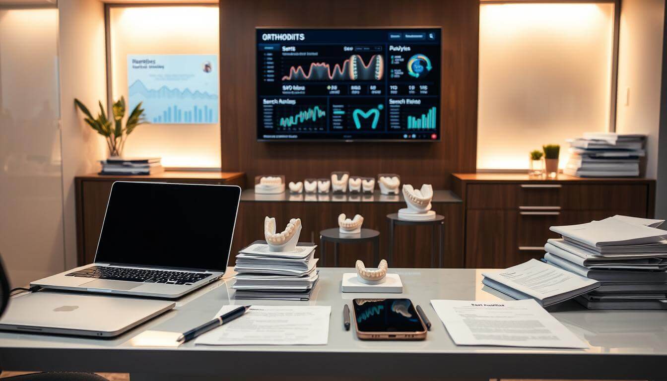 A professional orthodontist's office, bathed in warm, inviting lighting. In the foreground, a sleek, modern desk with a laptop, smartphone, and stacks of patient files. The middle ground features a display of orthodontic appliances, neatly arranged and showcased. In the background, a wall-mounted monitor displays SEO analytics and search engine rankings, highlighting the practice's strong online presence. The overall atmosphere conveys a sense of expertise, efficiency, and a dedicated focus on delivering exceptional patient care and practice growth through strategic digital marketing.