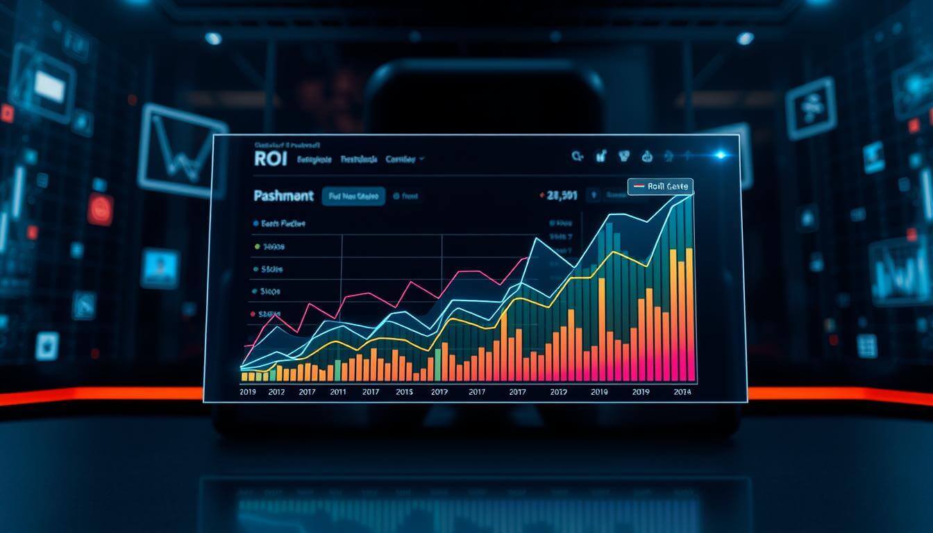 A high-contrast visual displaying a multi-channel return on investment (ROI) calculation. In the foreground, a holographic projection showcases a line graph with various colored data channels, visualizing the performance metrics across different marketing channels. The middle ground features a sleek, minimalist dashboard interface with interactive elements, allowing for customization and analysis of the ROI data. The background depicts a futuristic, tech-infused environment with floating data visualizations and subtle lighting effects, conveying a sense of innovation and data-driven decision-making. The overall composition should strike a balance between technical precision and visual appeal, inviting the viewer to engage with the complexities of multi-channel ROI.