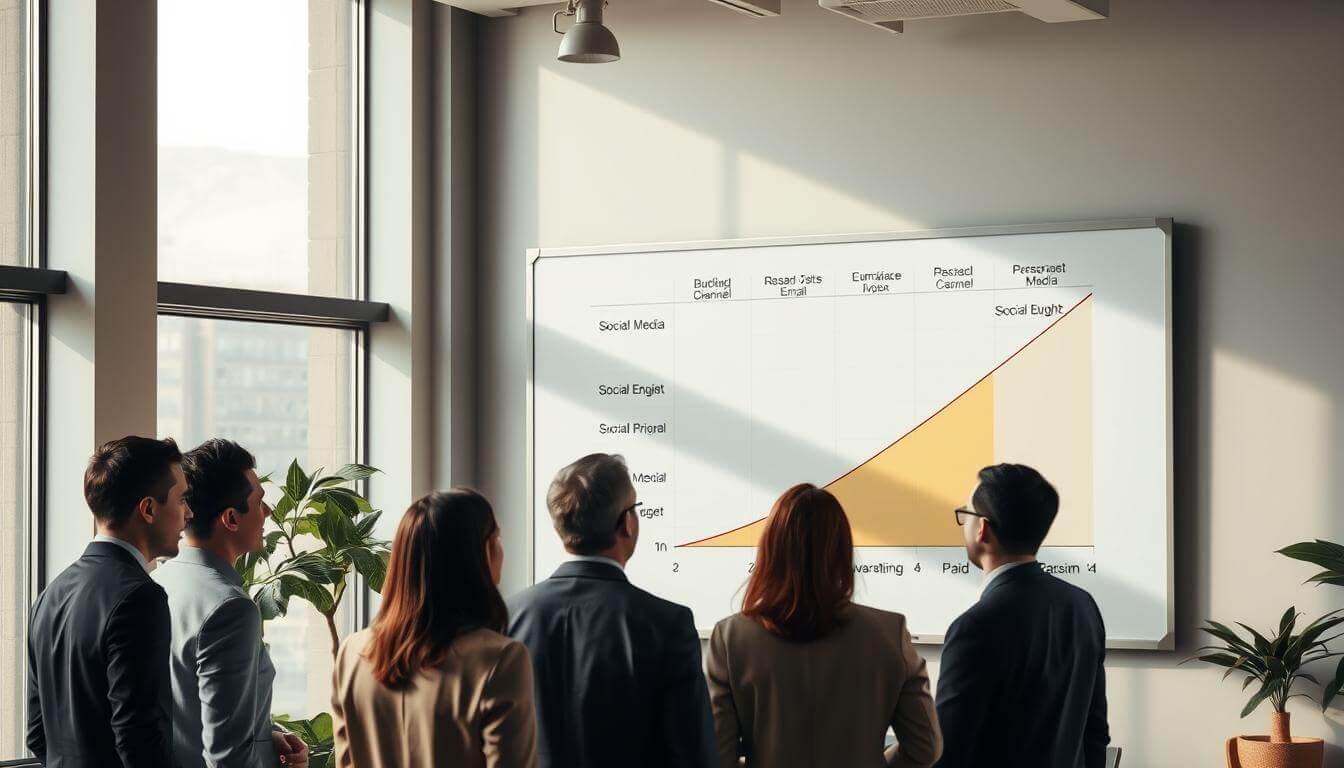 A modern office space with a large whiteboard showcasing a budget allocation chart. The chart displays various marketing channels such as social media, email, and paid advertising, each with a proportional slice representing their budget share. Soft natural lighting filters through the windows, casting a warm glow on the scene. In the foreground, a team of professionals in business attire examines the chart, engaged in a thoughtful discussion about optimizing their multi-channel marketing strategy. The background features subtle hints of the article's subject, hinting at the importance of measuring marketing ROI across different channels.