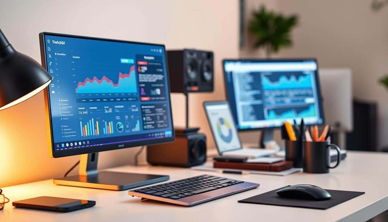 A sleek, modern workspace with a computer and various AI-powered SEO content optimization tools on the desk. In the foreground, a high-resolution monitor displays an analytics dashboard, showcasing key metrics and insights. In the middle ground, a keyboard, mouse, and stylish desk accessories create a minimalist, efficient setup. The background is softly blurred, highlighting the tools and software that empower the user to craft high-ranking, AI-optimized content. Warm, directional lighting illuminates the scene, creating depth and a sense of professional productivity.
