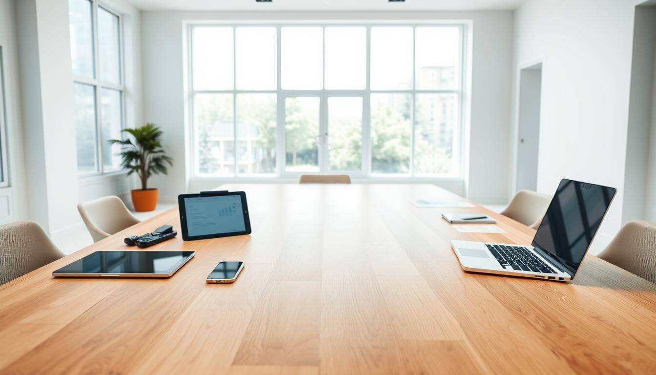 A sleek, modern office with a large, wooden desk in the foreground. On the desk, various AI-powered SEO tools are neatly arranged, including a tablet, a smartphone, and a laptop. The background features a minimalist, white-walled setting with floor-to-ceiling windows, allowing natural light to flood the room. The overall scene conveys a sense of efficiency, productivity, and the integration of advanced technology into the everyday workflow of an SEO professional. The lighting is soft and diffused, creating a welcoming and professional atmosphere.