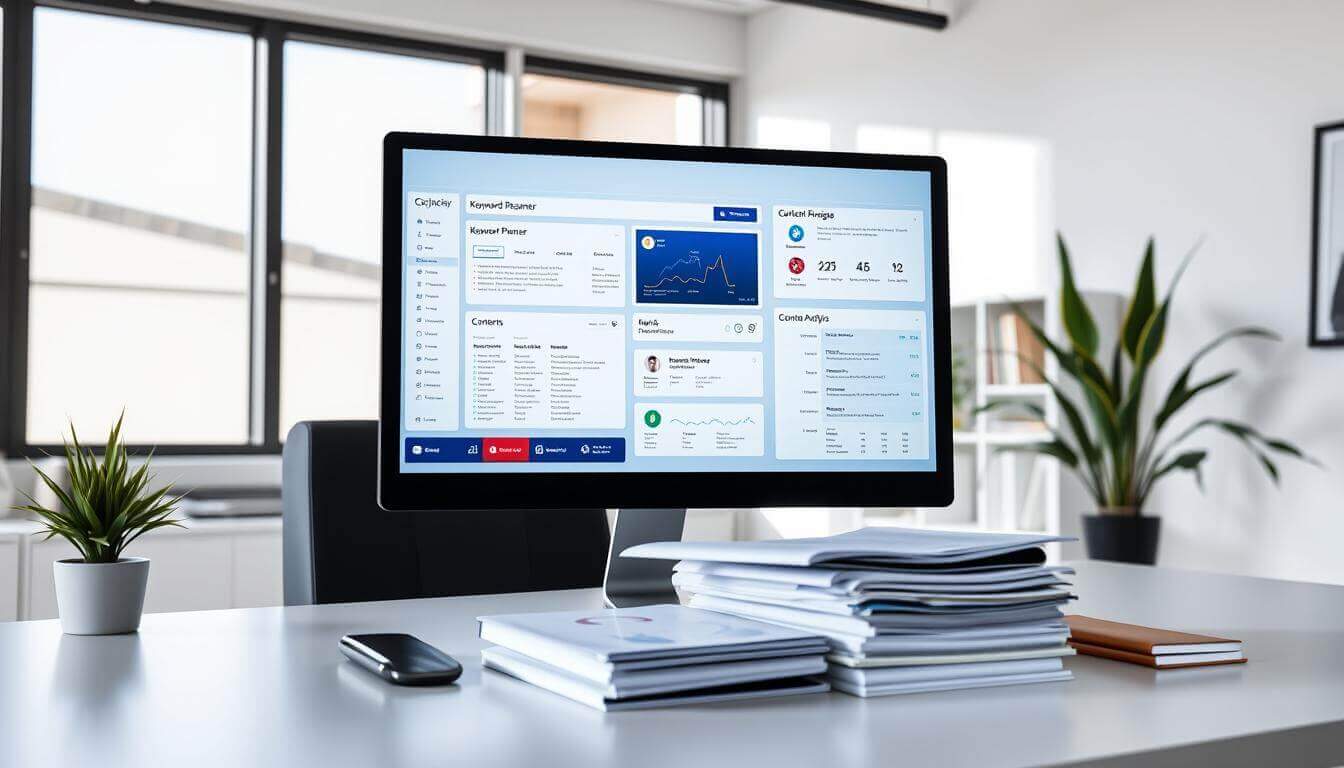 A modern, well-lit office workspace with a desktop computer, a stack of research papers, and a variety of AI-powered keyword research tools displayed on the screen. The tools should include a search engine optimization (SEO) platform, a keyword planner, and a content analysis tool. The room has a minimalist, sleek aesthetic with clean lines and bright, natural lighting. The overall mood is one of efficiency, productivity, and the application of AI technology to enhance the keyword research process.