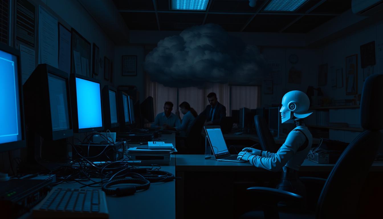 A dimly lit office space, the glow of computer screens casting an eerie blue hue. In the foreground, a disorganized desk strewn with tangled wires, outdated hardware, and a neglected chatbot interface. The middle ground features confused employees struggling to troubleshoot the malfunctioning virtual assistant, its responses inconsistent and often nonsensical. In the background, a looming cloud of technical debt, outdated infrastructure, and poor planning casts a shadow over the entire scene. The atmosphere is one of frustration, anxiety, and a sense of missed opportunities, a cautionary tale of the common pitfalls in chatbot implementation.