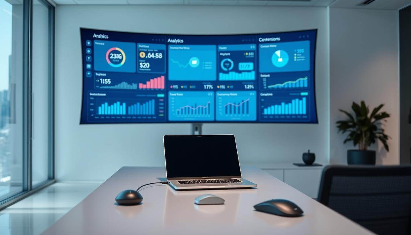 A sleek, modern office setting with a large, curved display screen showcasing various performance metrics and analytics dashboards. The foreground features a minimalist, metal-framed desk with a laptop, a wireless mouse, and a stylized data visualization chart. The middle ground showcases the main display, its crisp, high-resolution panels presenting key customer service metrics such as response times, customer satisfaction scores, and conversion rates. The background depicts a clean, well-lit environment with subtle, indirect lighting and a hint of the city skyline visible through floor-to-ceiling windows, conveying a sense of professionalism and technological sophistication.