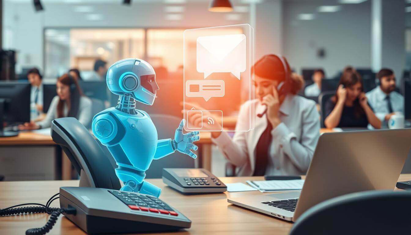 A bustling office scene, with a desk in the foreground featuring a traditional telephone and a laptop. In the middle ground, a vibrant and dynamic AI chatbot, represented by a sleek, futuristic holographic display, engaged in a lively conversation with a customer. The background showcases a contrasting traditional support center, with rows of employees on the phones, creating a sense of the old and new coexisting. Soft, warm lighting creates an inviting atmosphere, while the overall composition highlights the visual dichotomy between the conventional and the cutting-edge in customer support.
