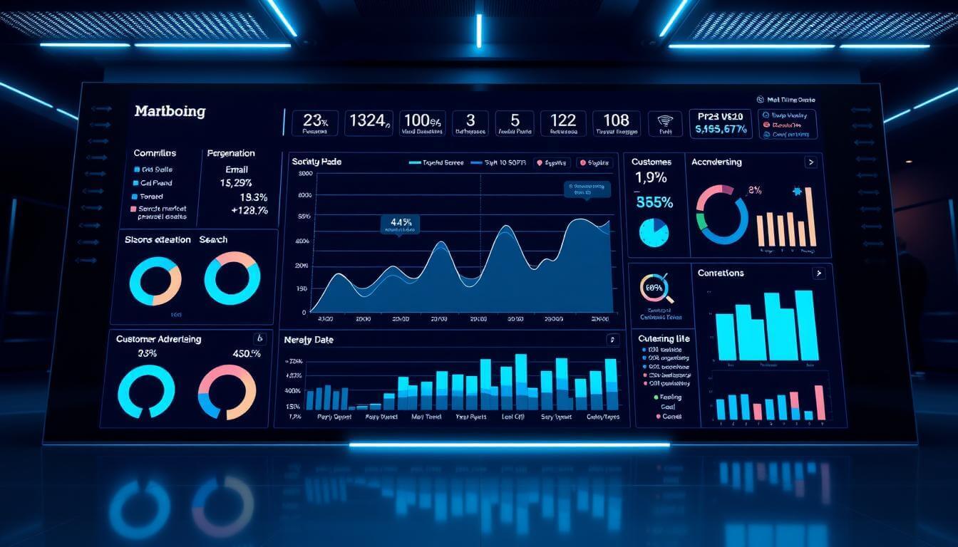 A high-tech digital dashboard displaying real-time data analytics for multichannel marketing ROI tracking. Sleek and minimalist design with a large central graph visualizing campaign performance metrics across various channels - social media, email, search, and digital advertising. Surrounding the graph are interactive widgets and statistics showcasing customer segmentation, conversion rates, and return on investment. The dashboard is illuminated by a cool-toned, futuristic lighting scheme, giving it an air of precision and professionalism. The entire scene is captured from a dynamic, three-quarter angle, creating depth and emphasizing the cutting-edge nature of the technology.