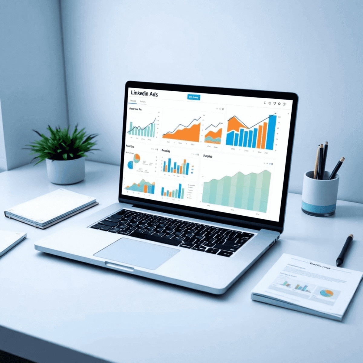 Workspace with laptop showing LinkedIn ads analytics and growth charts, alongside strategic planning notes, depicting a successful LinkedIn advertising campaign.