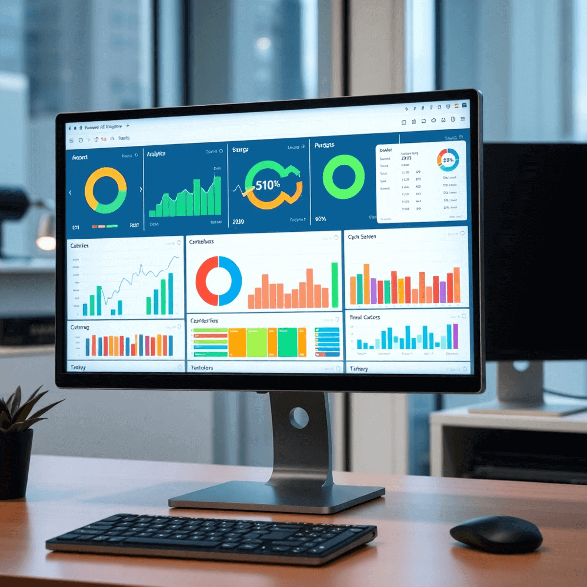 Digital dashboard on a computer screen showing colorful charts and graphs for data insights and performance tracking in a professional setting.