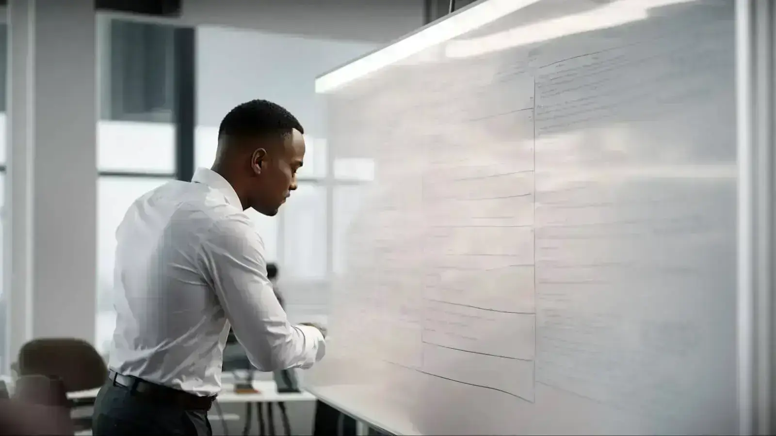 a focused individual outlines a plan on a clear whiteboard in a modern office setting.