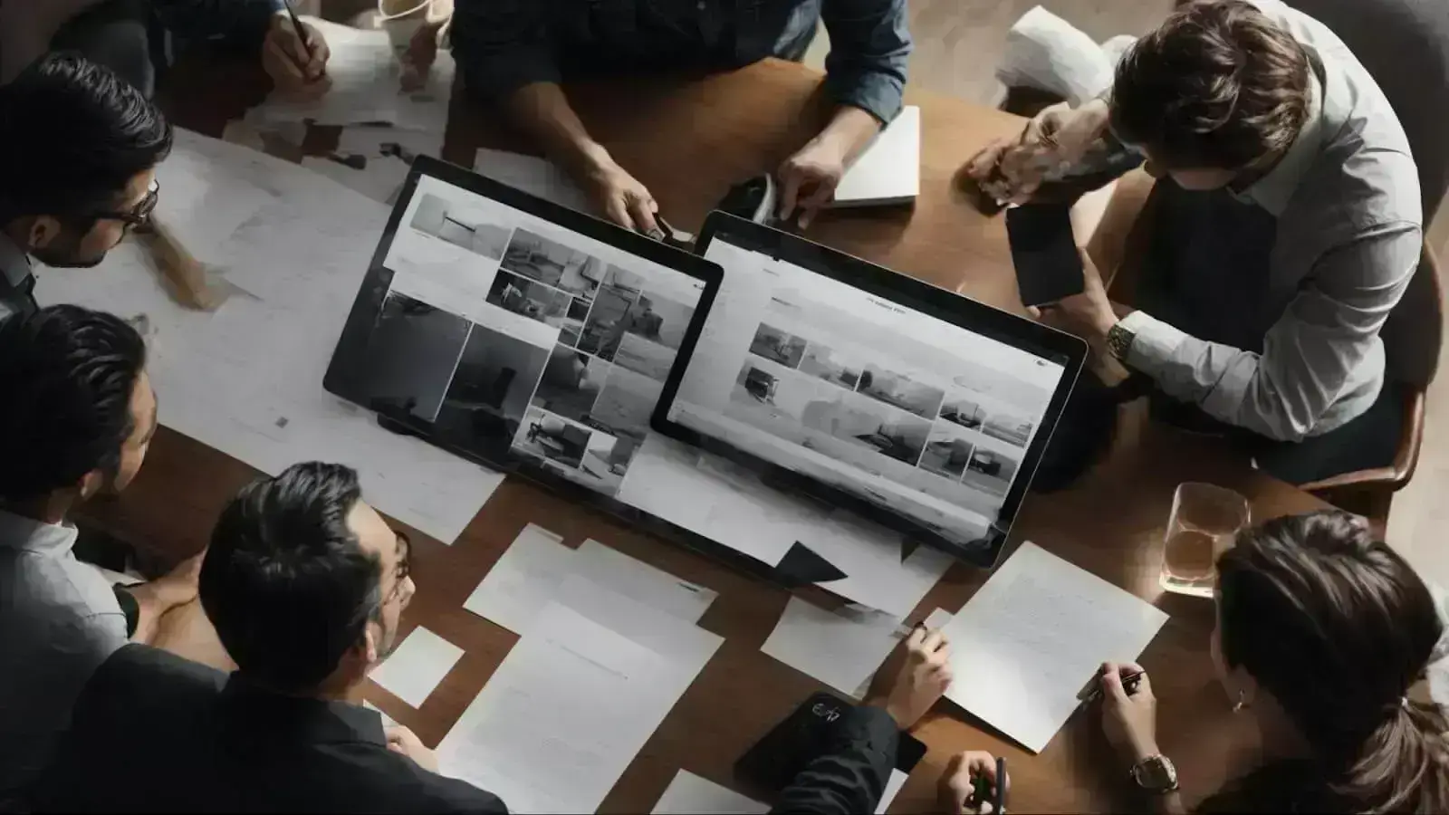 a group of professionals gathered around a table, reviewing a website wireframe layout on a large screen.