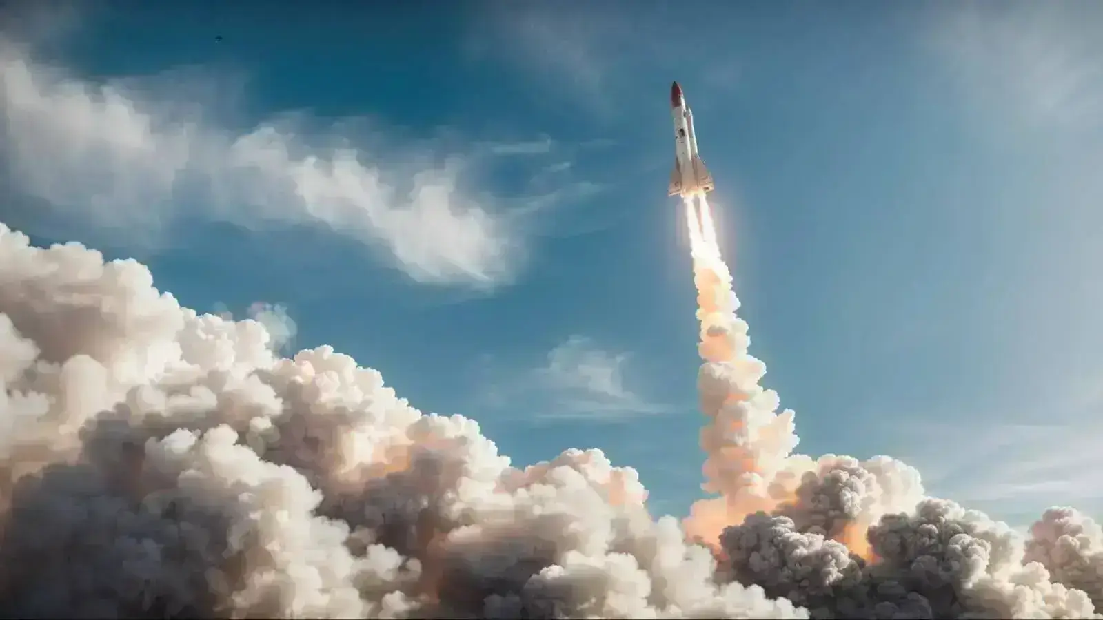 a rocket ship majestically ascends into a clear blue sky, trailing a fierce blaze of fire and smoke.