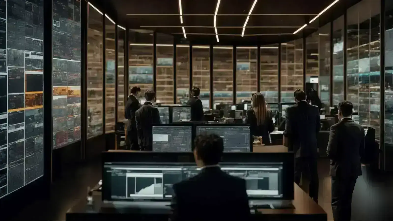 a team of professionals intently surveys a multitude of screens displaying various stages of a website's interface.