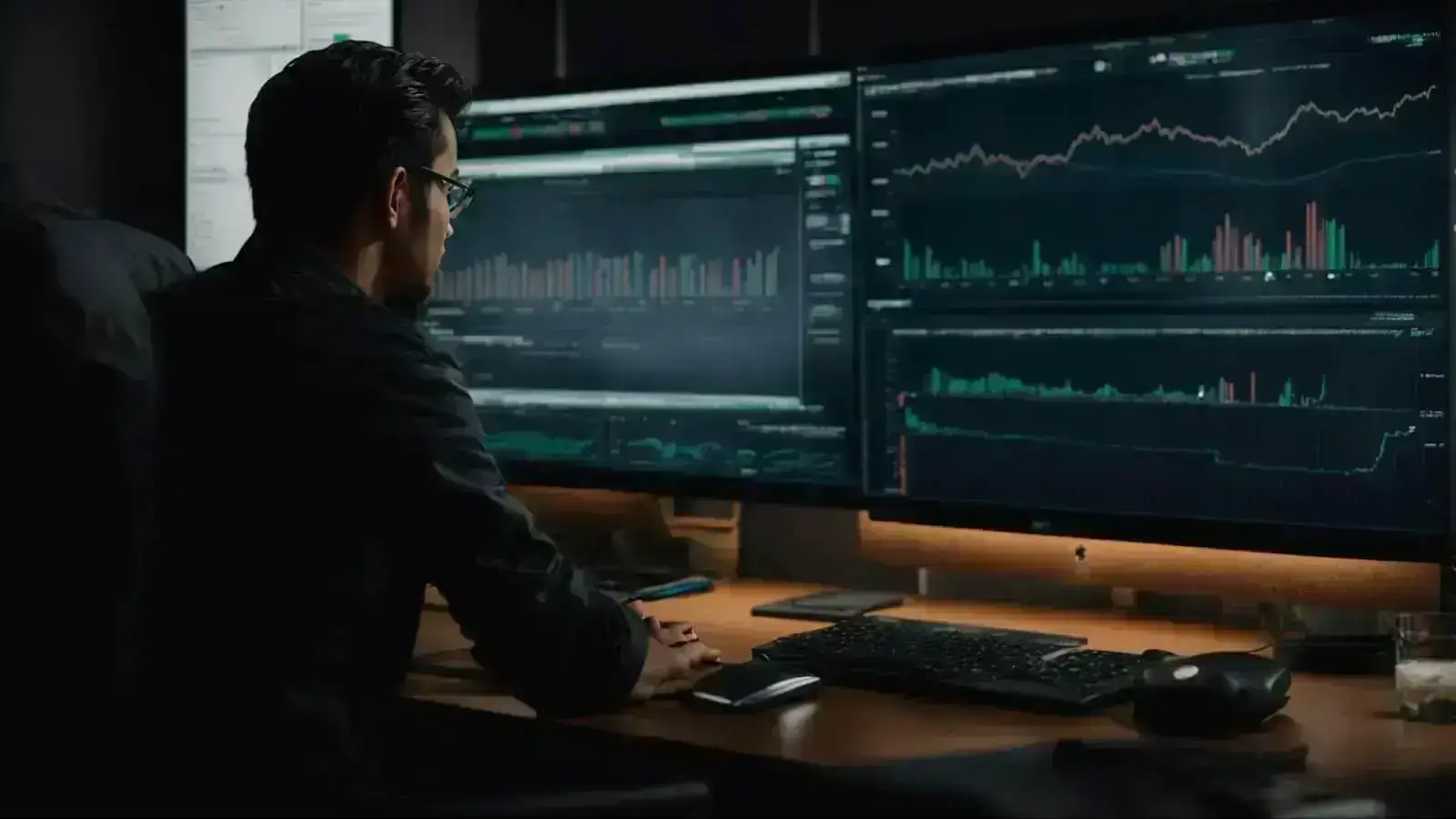a web developer attentively monitors a computer screen showing a website's performance analytics dashboard.