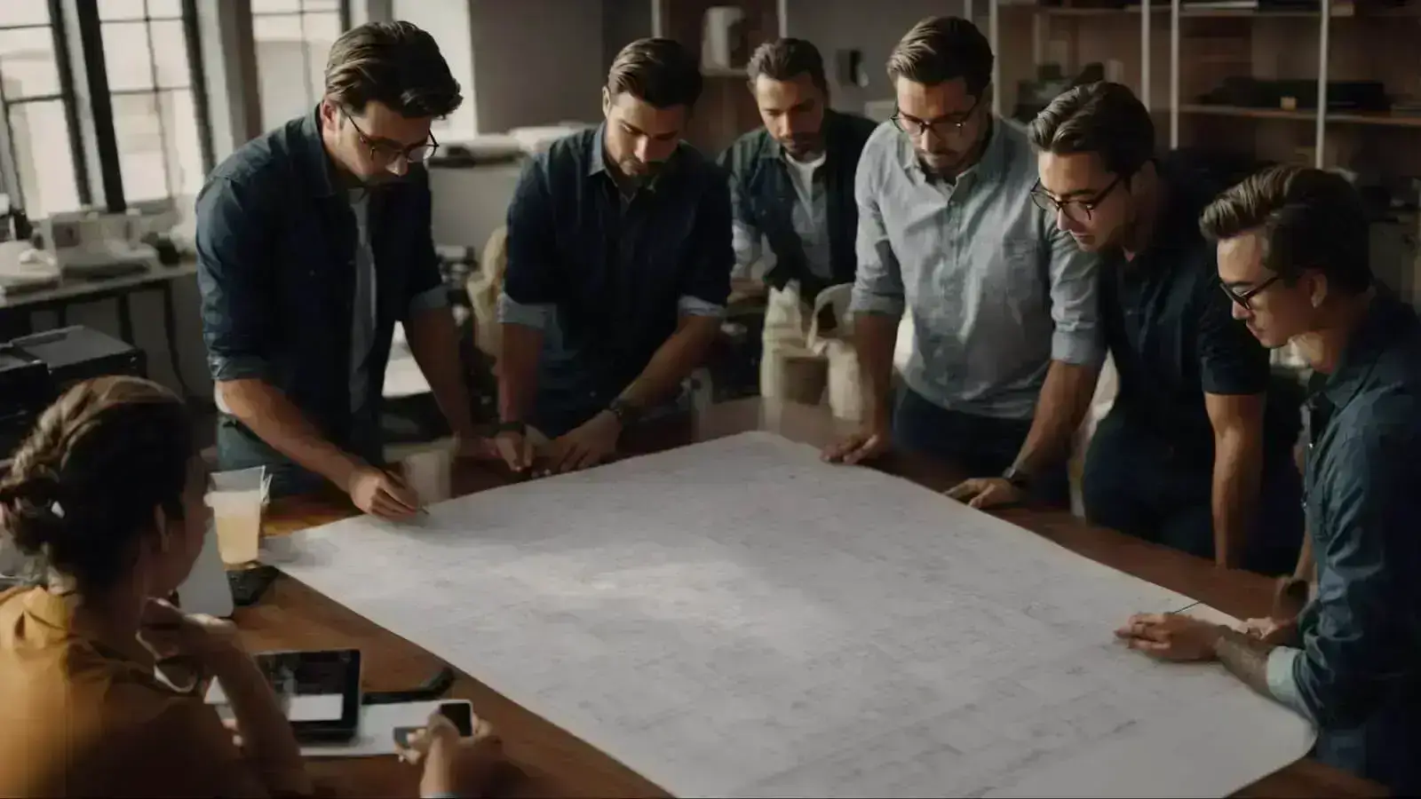 a team stands around a table with plans and digital devices, focusing intently on a blueprint.