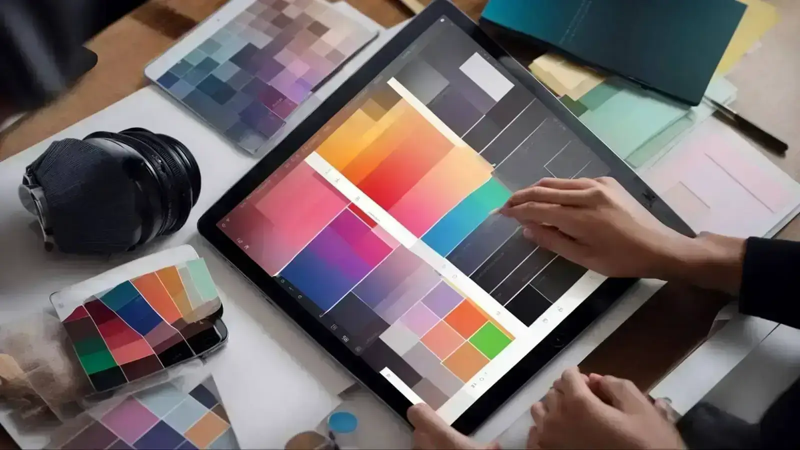 a designer carefully selects colors and fonts on a sleek digital tablet, surrounded by minimalist sketches and vibrant color palettes.