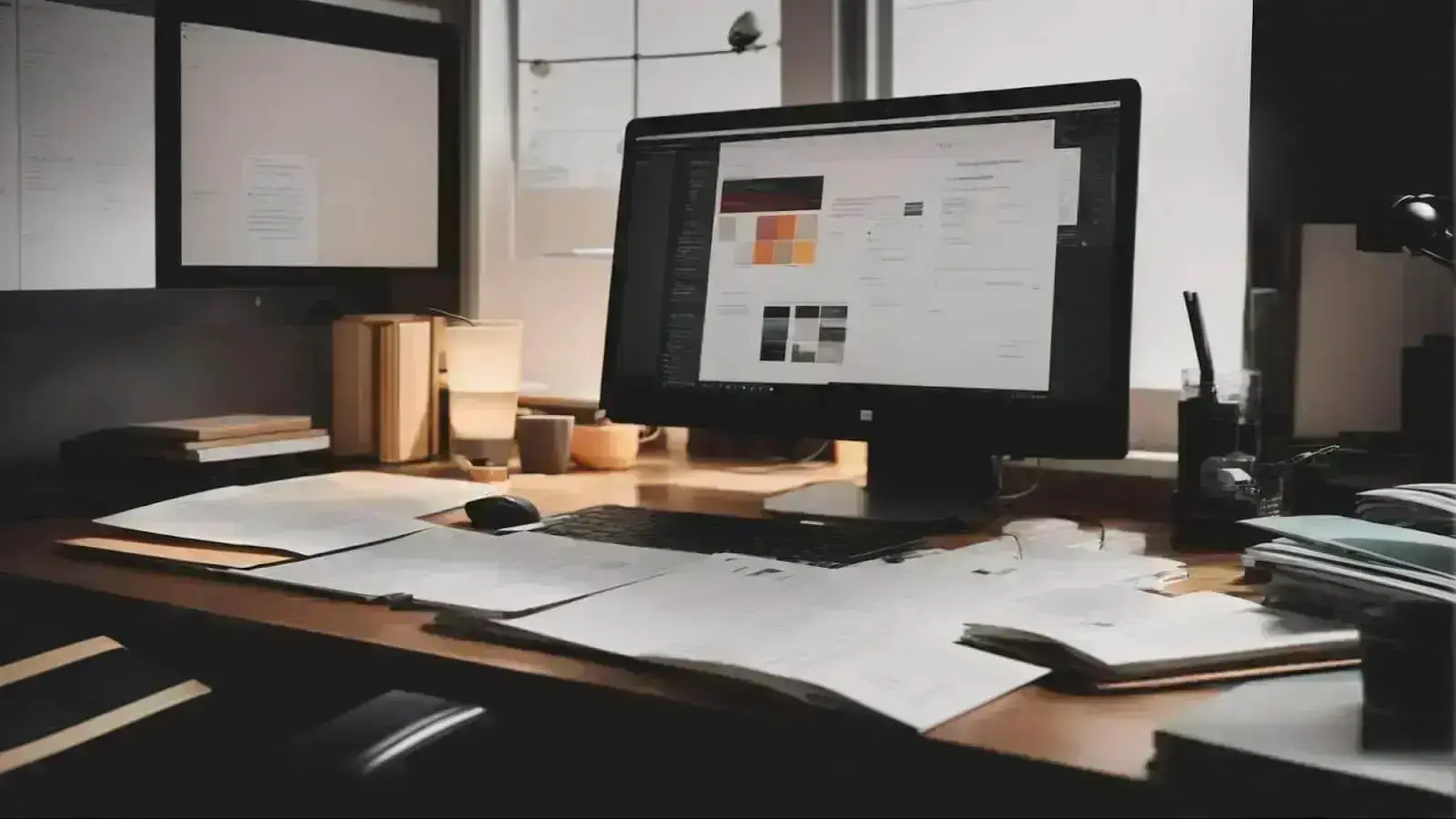a designer's desk with a computer displaying a wireframe layout, alongside color swatches and notes, outlining the early stages of website creation.
