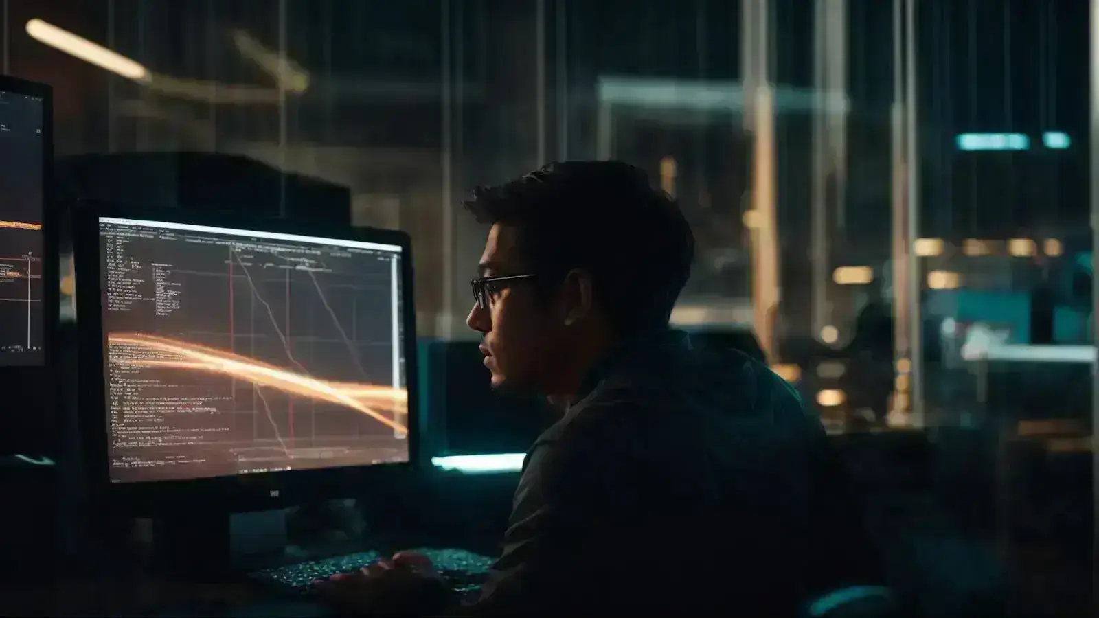 a web developer intently observes rapid loading progress bars on a computer screen, symbolizing website speed optimization.