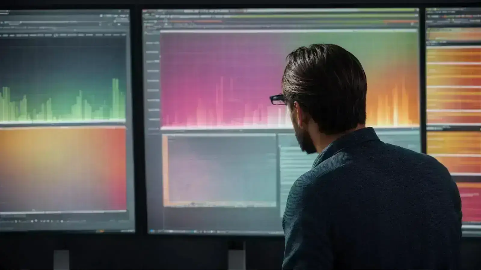 a marketing strategist analyzes a heatmap on a large monitor displaying a website interface.