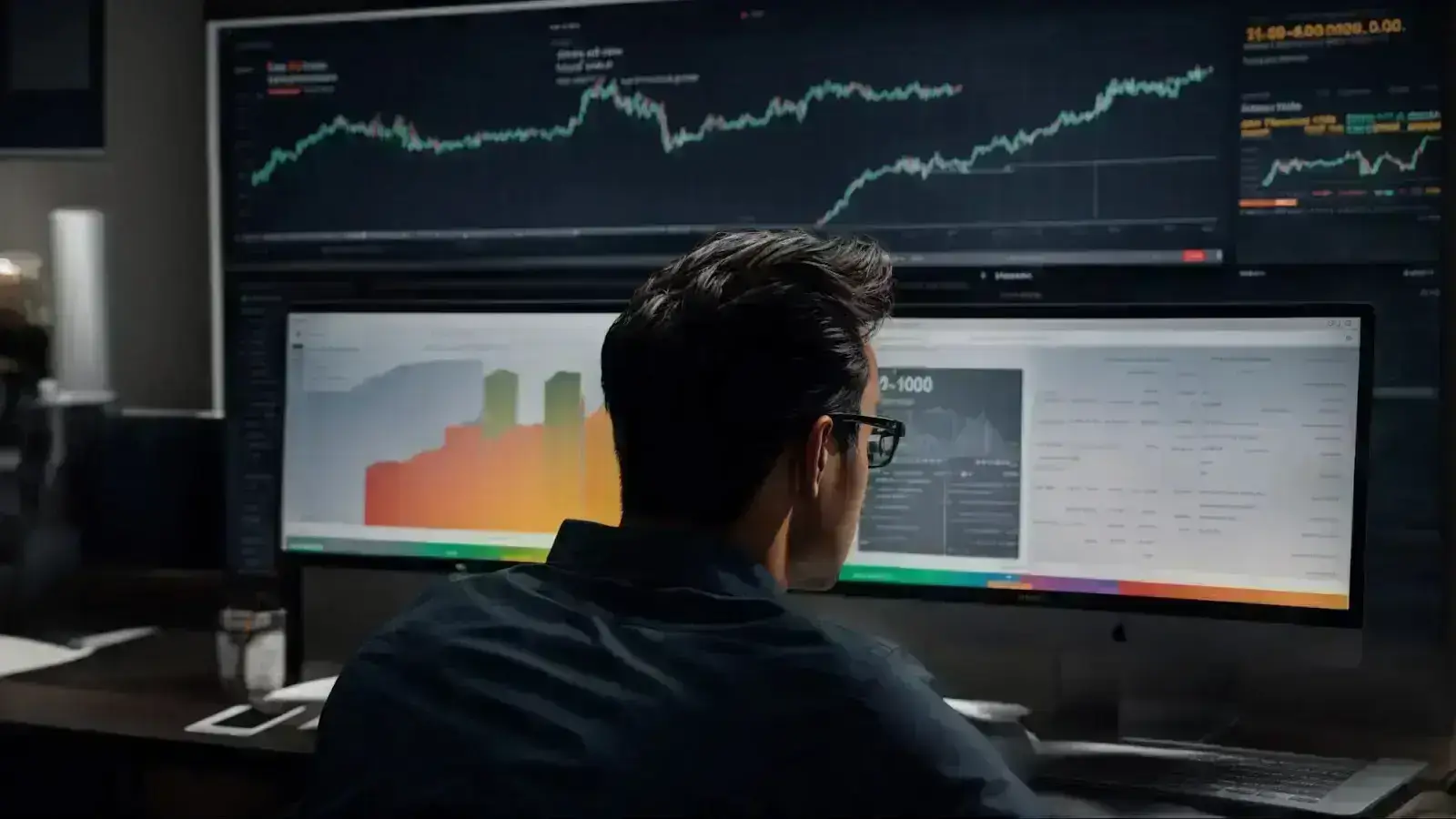a marketer examines a dashboard on a computer screen displaying website traffic data and heatmaps.