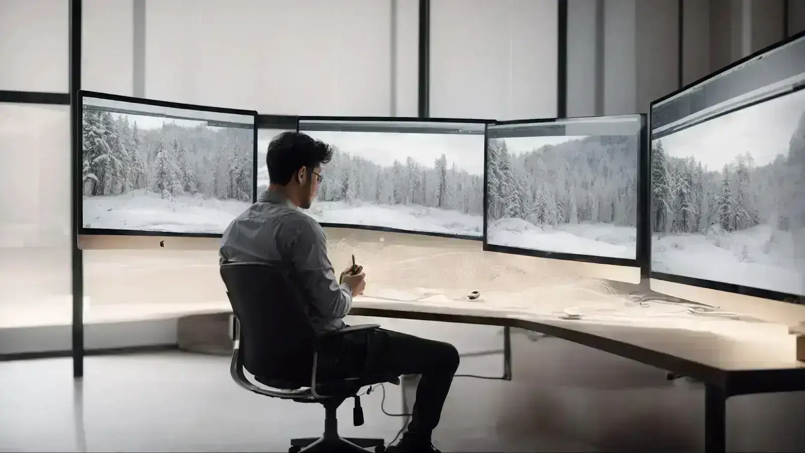 a designer thoughtfully sketches a fluid, responsive website layout on a widescreen monitor in a minimalist office.
